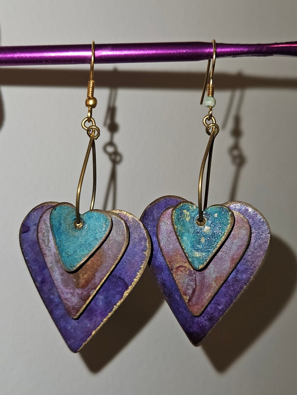 Purple & Teal Heart Layered Drop Earrings - Brand Unspecified
